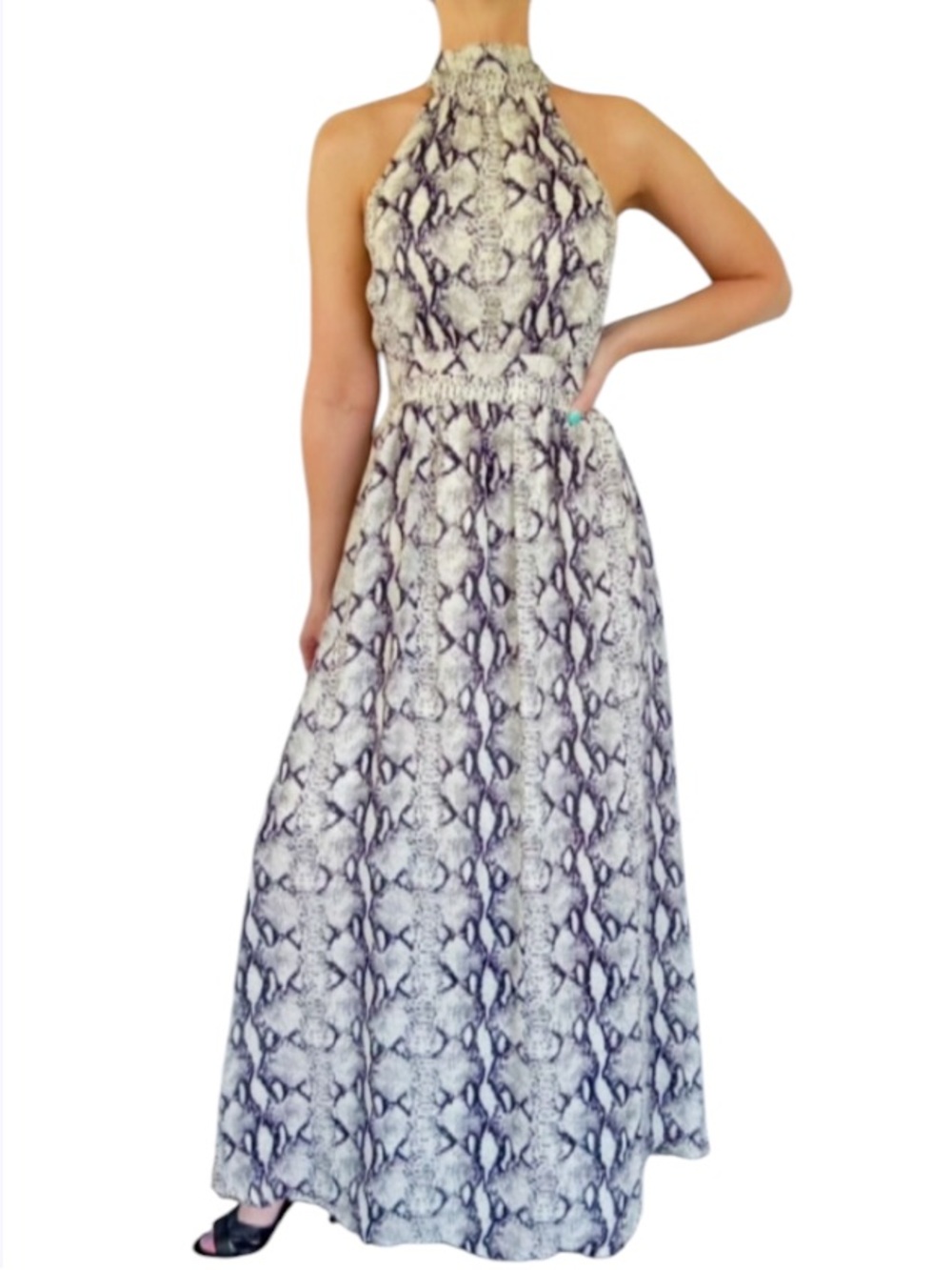 Ark & Co silver snake print high halter neck layered chiffon maxi dress small